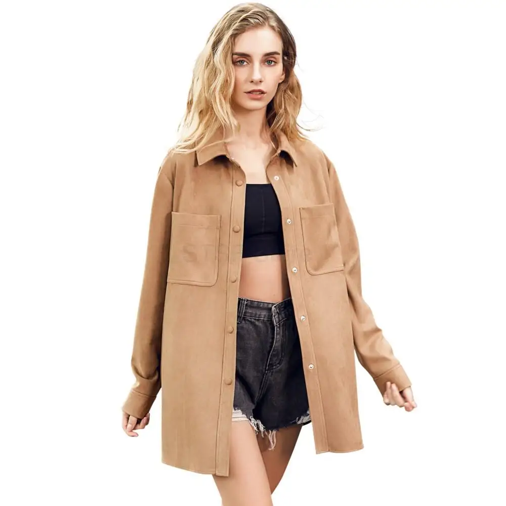 Blouses For Women Fashion Fashion Designer Elegant Chic Shirt Long Section Lapel Tcoat Button Real Suede Jacket With Pockets