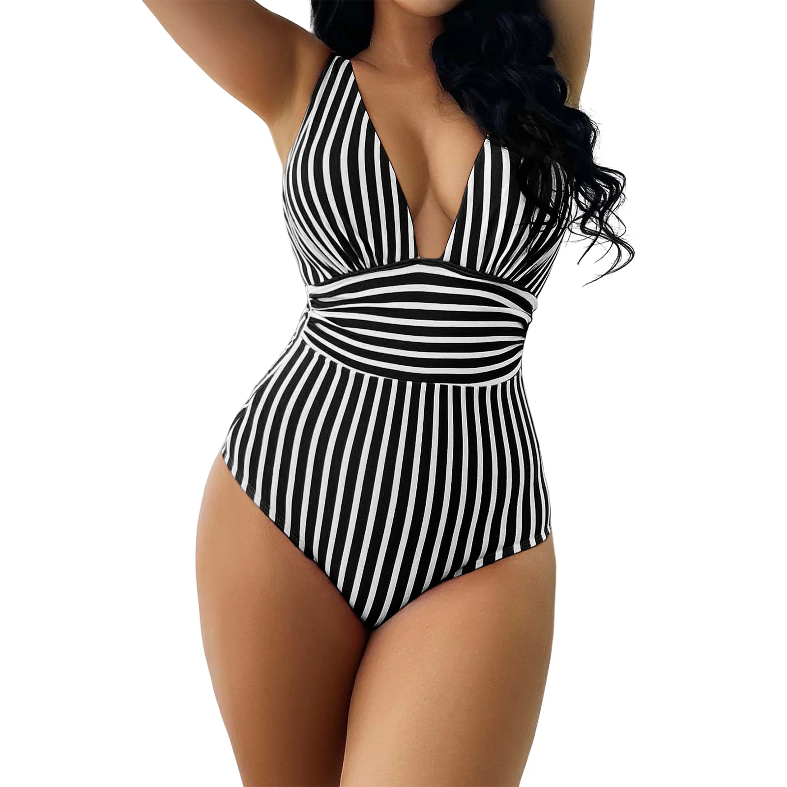 

Женский купальник в полоску 2023, цельный купальник с открытой спиной, сексуальный, облегающий, с глубоким v-образным вырезом, с регулируемым ремешком, пляжная одежда, отпуск, лето