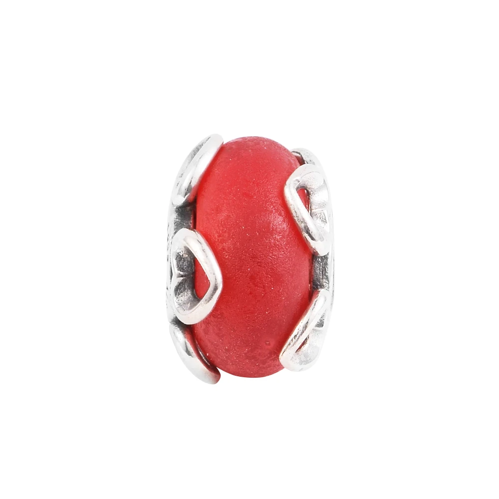 

Fits Pandora Bracelet 925 Sterling Silver Frosted Red Murano Glass & Hearts Charm DIY Jewelry Beads for Women Free Shipping