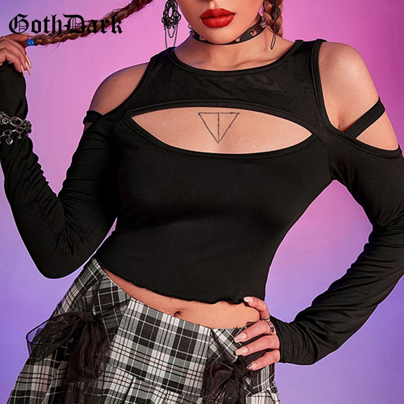 

Goth Dark Cyber Y2k Cut Out Black Basic Women T-shirts Punk Gothic Casual Long Sleeve Crop Tops Open Shoulder Bodycon Streetwear