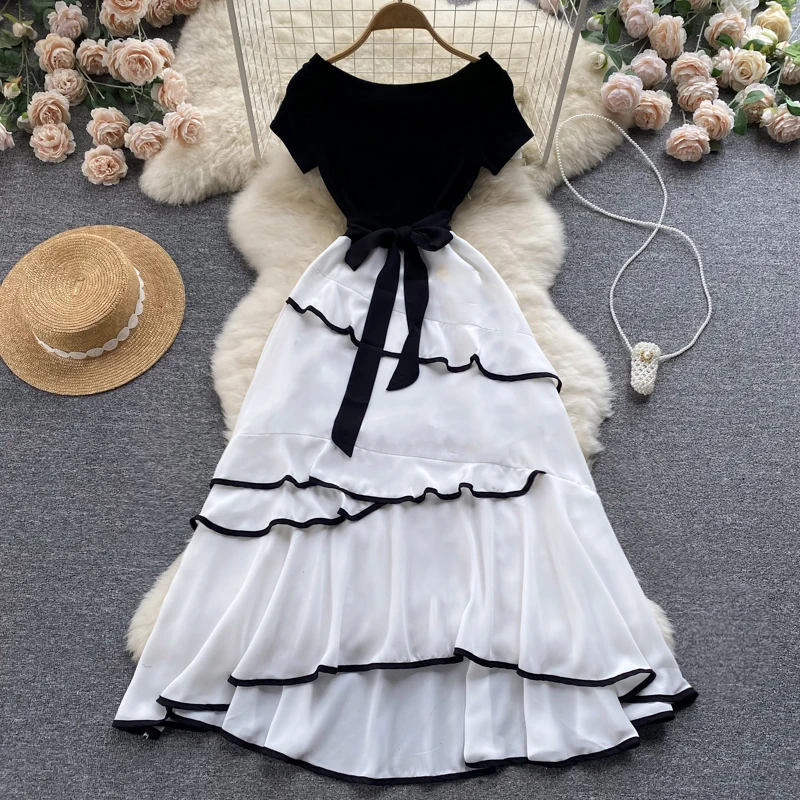 

New Fashion Slash Neck Western A-line Dress Summer Women Short Sleeve Celebrity Lace-up Casual Clothes Vestidos De Fiesta J638