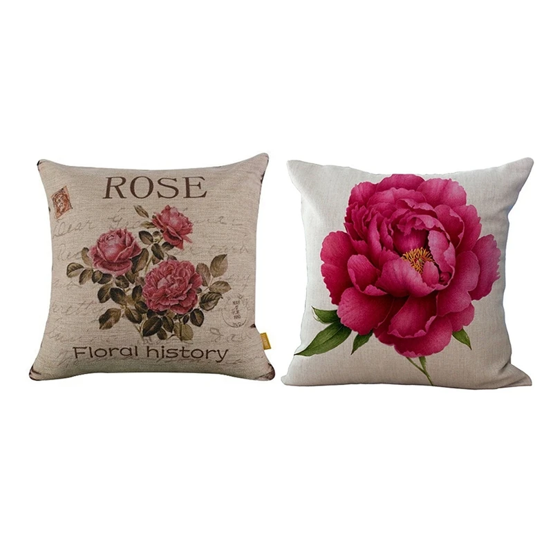 

2Pcs Vintage Floral/Flower Flax Decorative Throw Pillow Case Cushion Cover Home Sofa Decorative - Big Rose & 3 Roses
