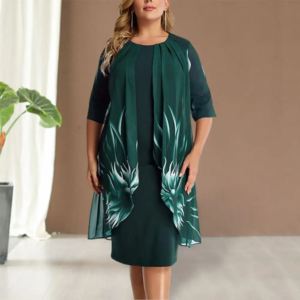 

Flower Print Waist Tight Hip Wrap Lady Dress O-neck Half Sleeve Chiffon Gown Dress Cardigan Design Fake Two Pieces Dress 2022