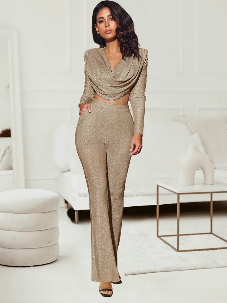 Sexy Ladies Gold Stamp Long Sleeve Crop Top Flared Trousers Two Piece Set U-neck Fringed Design On The Front Chest Pants Suit