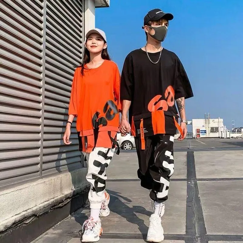 Summer Trendy Brand Couple Ins Hip-hop Tooling Short-sleeved T-shirt Shorts Men's Two-piece Fashionable Casual Sports Suit