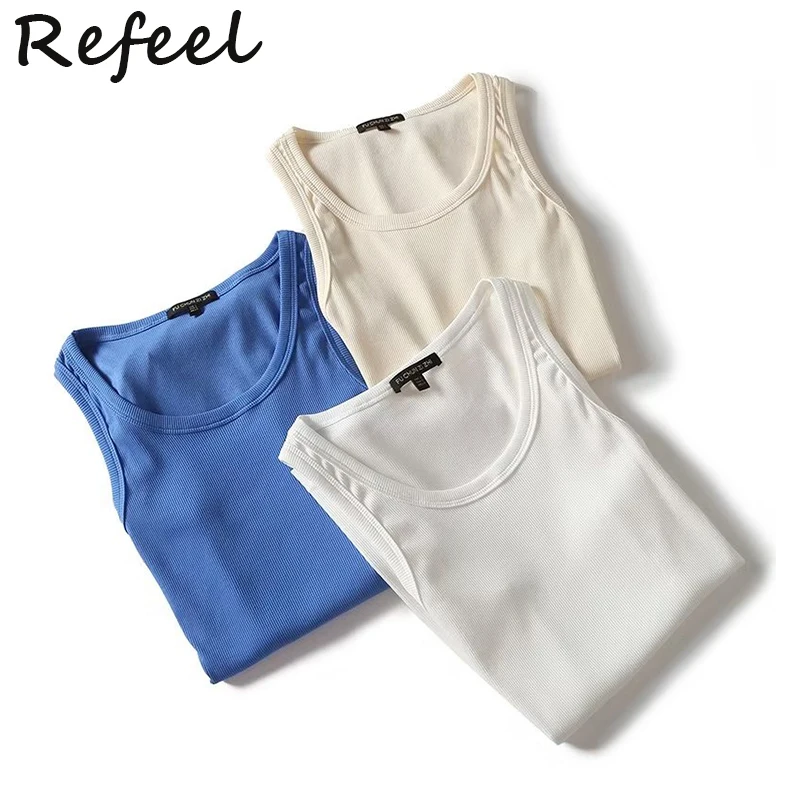 

Refeel Women Tank Top Elastic Cotton Blended Sleeveless Solid O Neck High Quality Underwear Vest Female Seamless