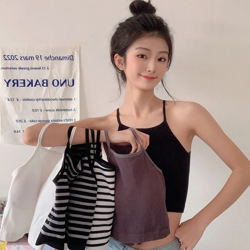 

Casual Fashion Knitted Vest Tank Sleeveless Cami Clothes Halter Streetwear Ropa De Mujer Ribbed Sexy Striped Club Cute Top