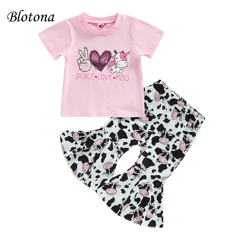 

Blotona Toddler Girl 2Pcs Outfits, Short Sleeve T-shirt Tops and Cow Print Flared Pants Set 6Months-4Years