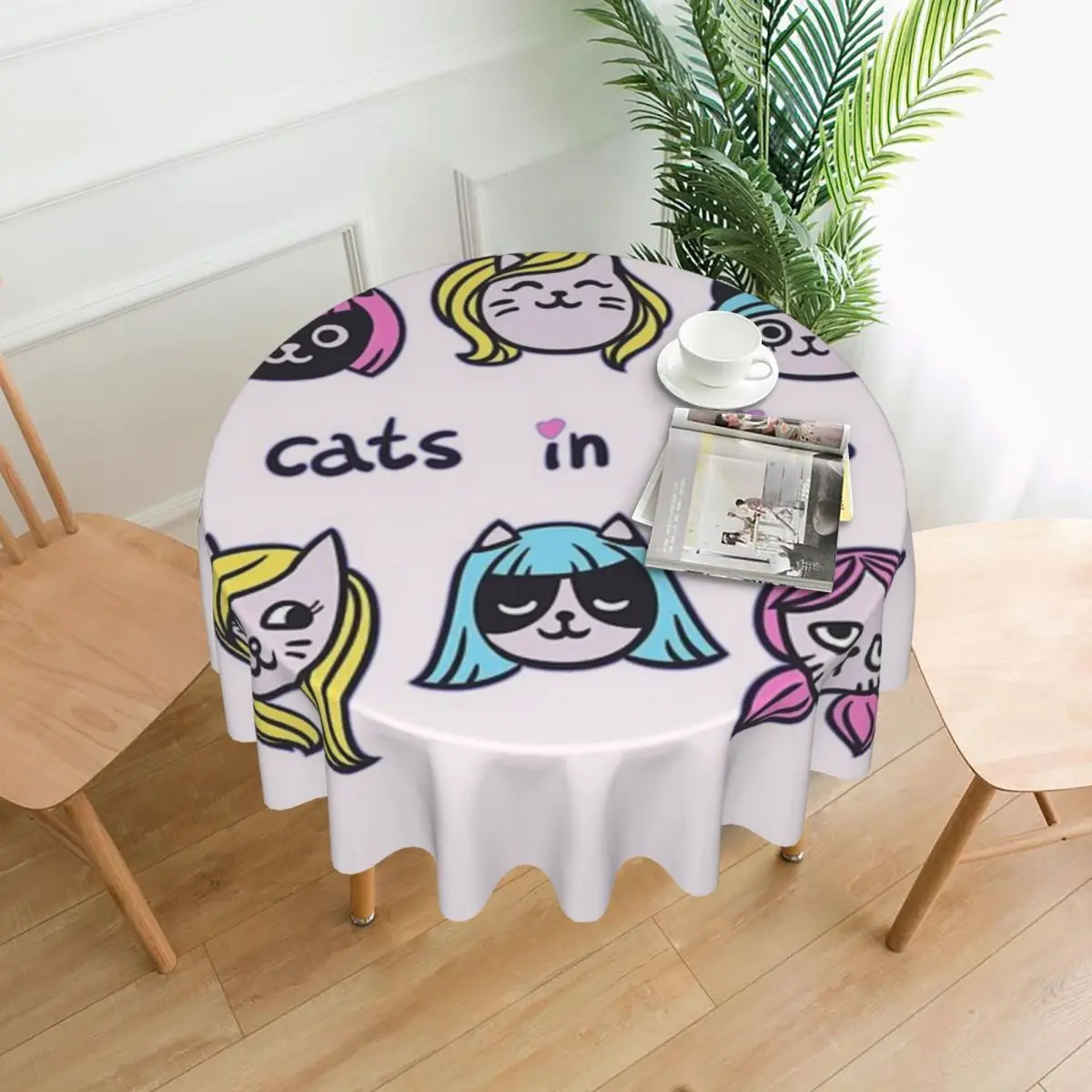

Cats In Wigs Tablecloth 60in Round 152cm Wrinkle Resistant Protecting Table Indoor/Outdoor