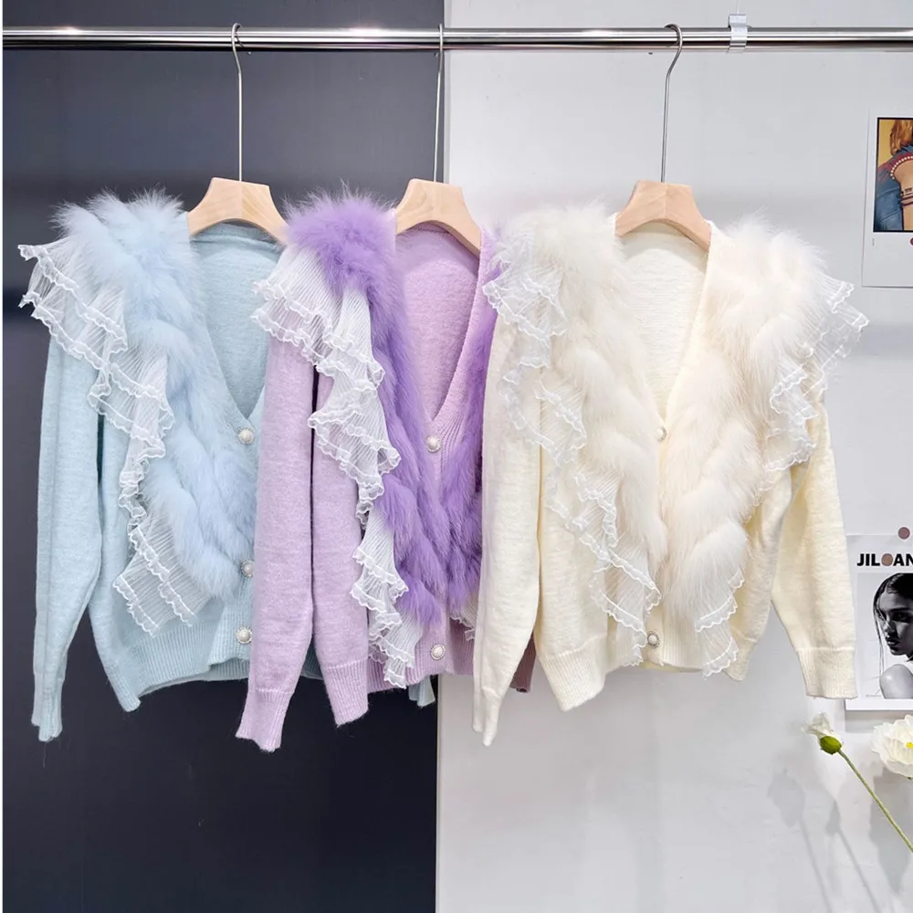 

GTGYFF Cardigan Women Winter 2022 Oversize Long Sleeve Sweater With Lace Fox Fur Jacket V Neck Coat