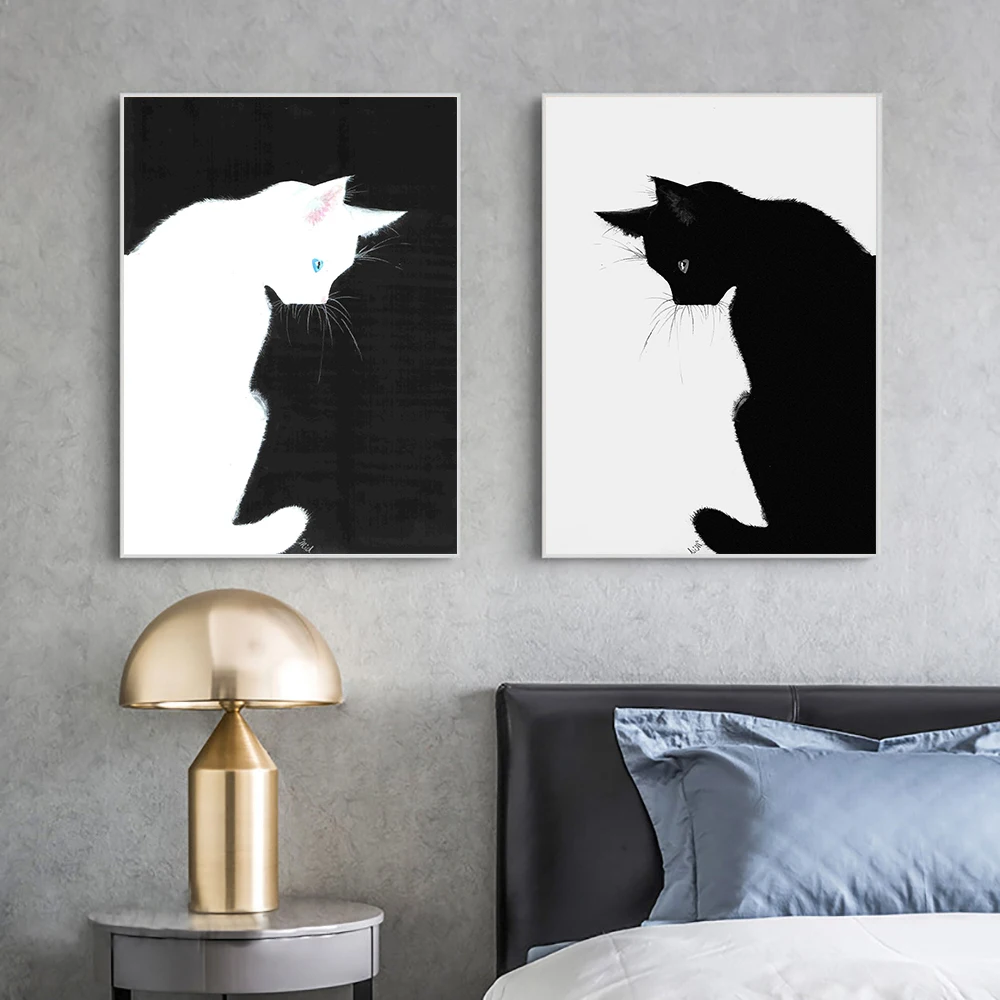 

Современный плакат с черно-белым котом, печать, минималистичный рисунок анимации, Настенная картина на холсте, Скандинавская Настенная кар...