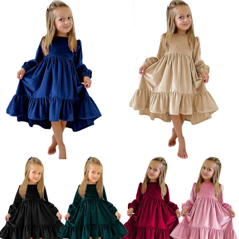 Girls Suede Ruffles Dresses Winter Kids Long Sleeve Cotton Solid Dress Big Children Fashion Party Princess Dress Girls Clothes