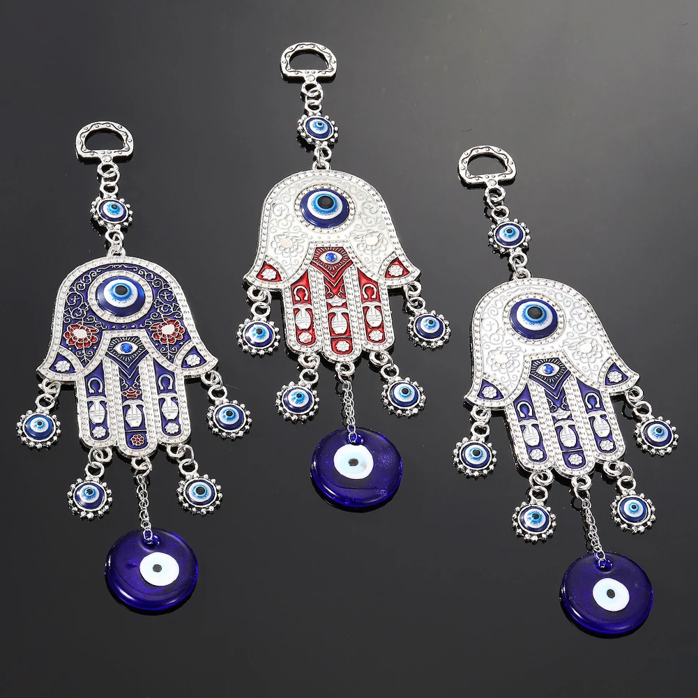 

Alloy Geometric Pattern Wall Hanging Wind Chime Fatima Hand Turkey Blue Eye Ornament Meditation Yoga Healing Devil Eye Art Decor