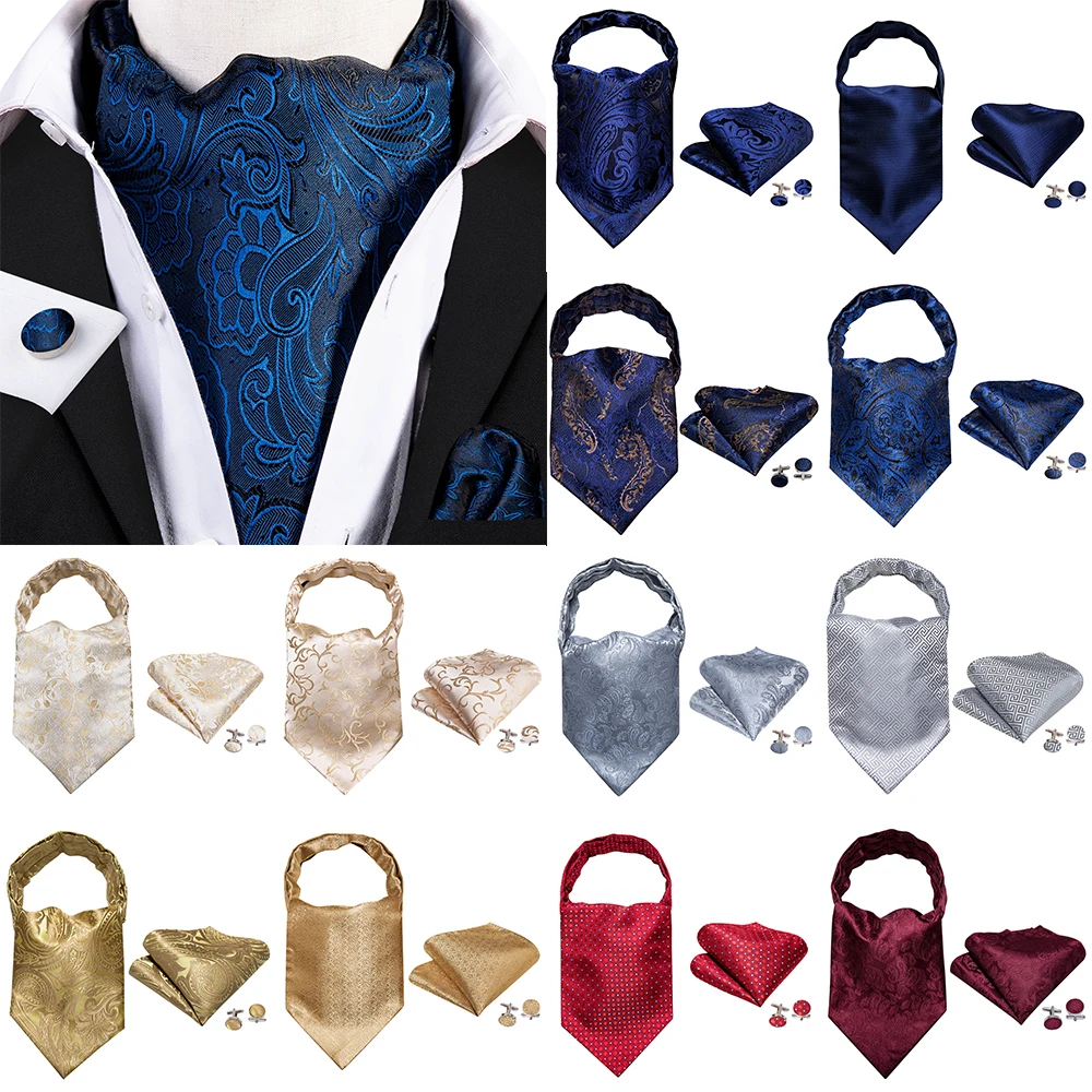 

Navy Blue Silk Cravat Tie For Men With Pocket Square Cufflinks Set Fashion Floral Ascoat Business Party Designer Barry.Wang 0029