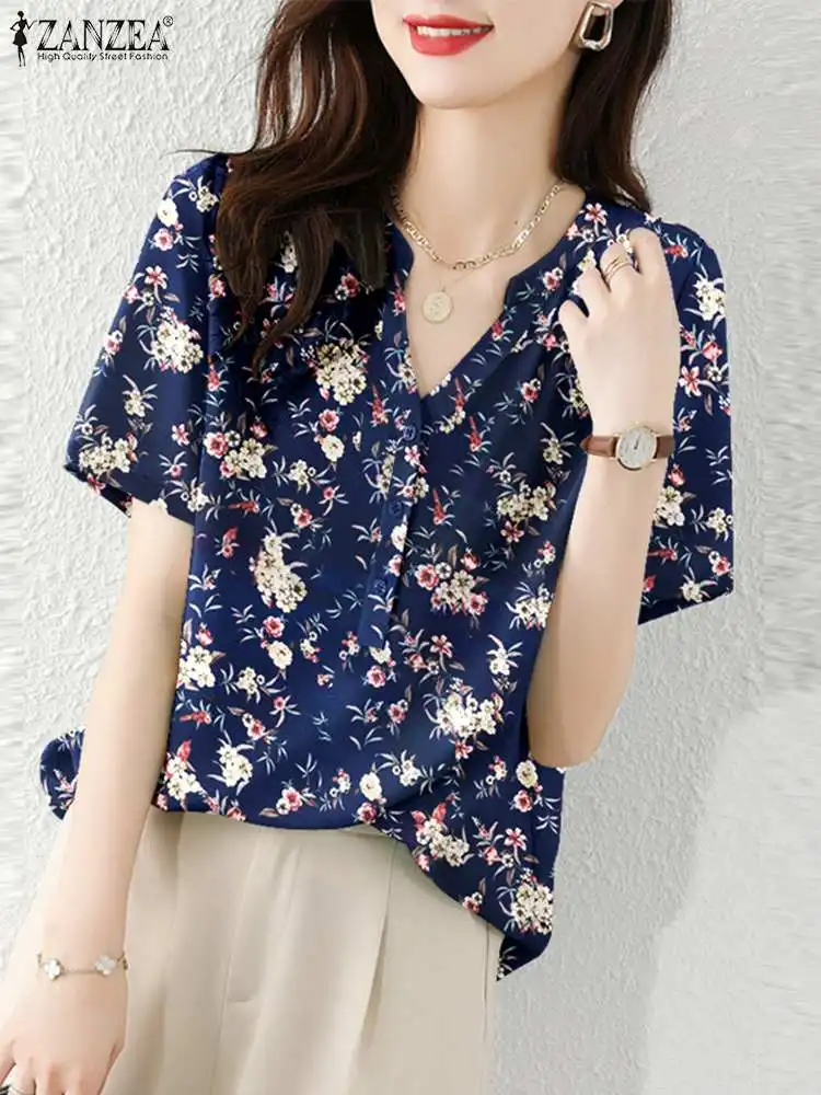 

Блузка ZANZEA женская с коротким рукавом, праздничный элегантный топ с цветочным принтом, модная рубашка в Корейском стиле, на пуговицах, с V-об...