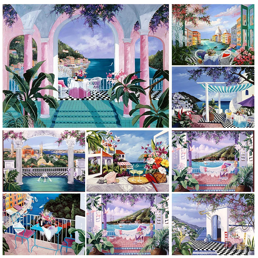 

YOUQU Landscape DIY5d Diamond Painting Kit “Window Sill By The Sea” Diamond Mosaic Hand-inlaid Rhinestone Home Decoration