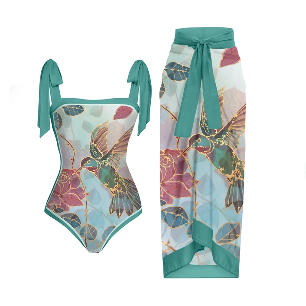 

Women Vintage Bird Flower Print One-Piece Luxury Swimsuit 2023 Square Collar Chic Bowtie BIkini Set Push Up Symmetrical Wear