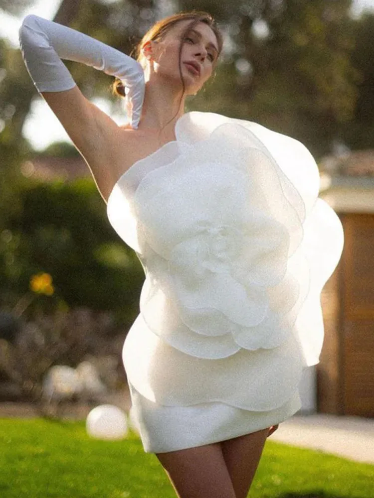 New Summer Fashion Women Sexy One Shoulder White Big Flower Mini Dress 2023 Elegant Evening Club Party Dress