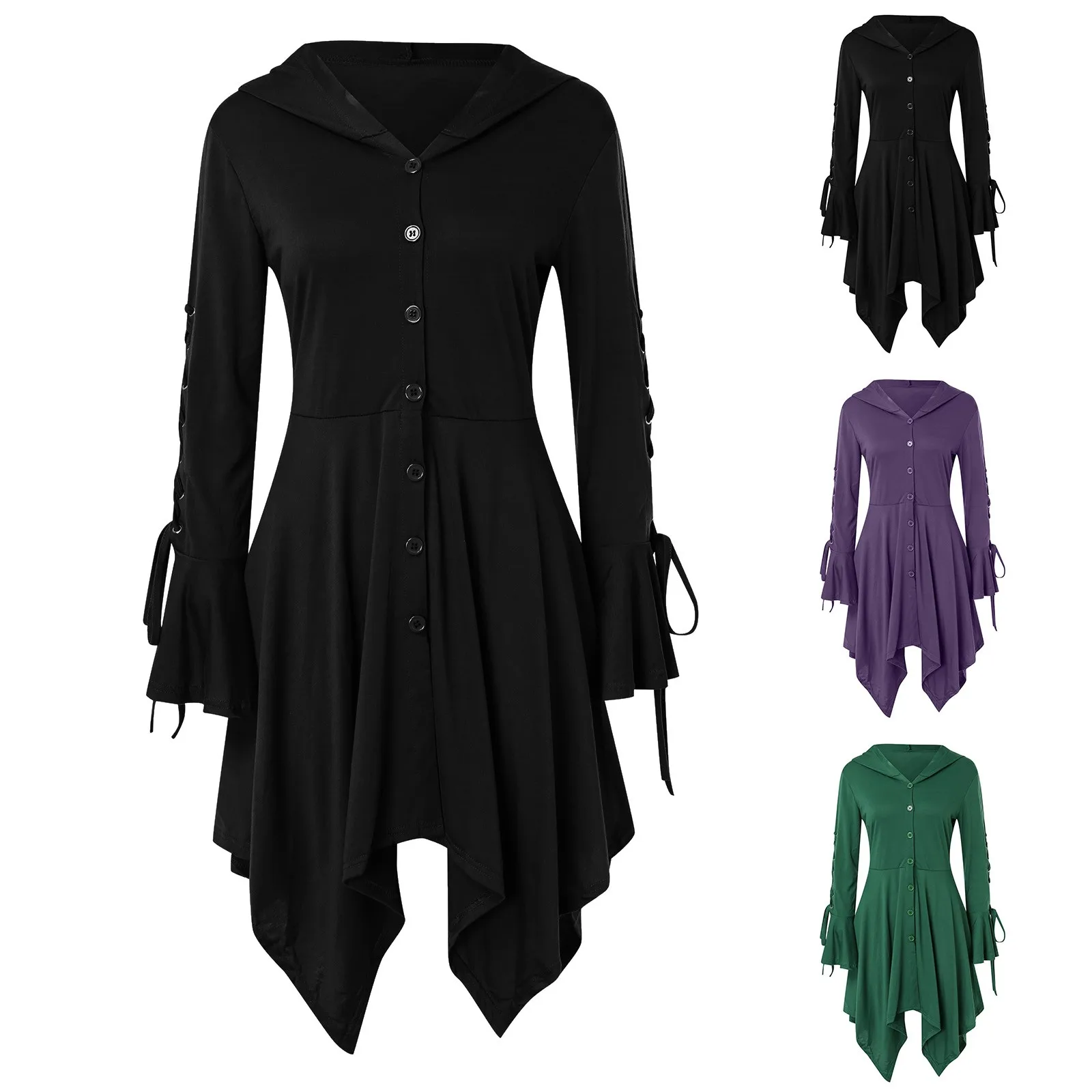 

Womens Solid Vintage Dress Lace Hooded Long Sleeve Medieval Vintage Hooded Dress Miles Morales Kids Costume Cosplay