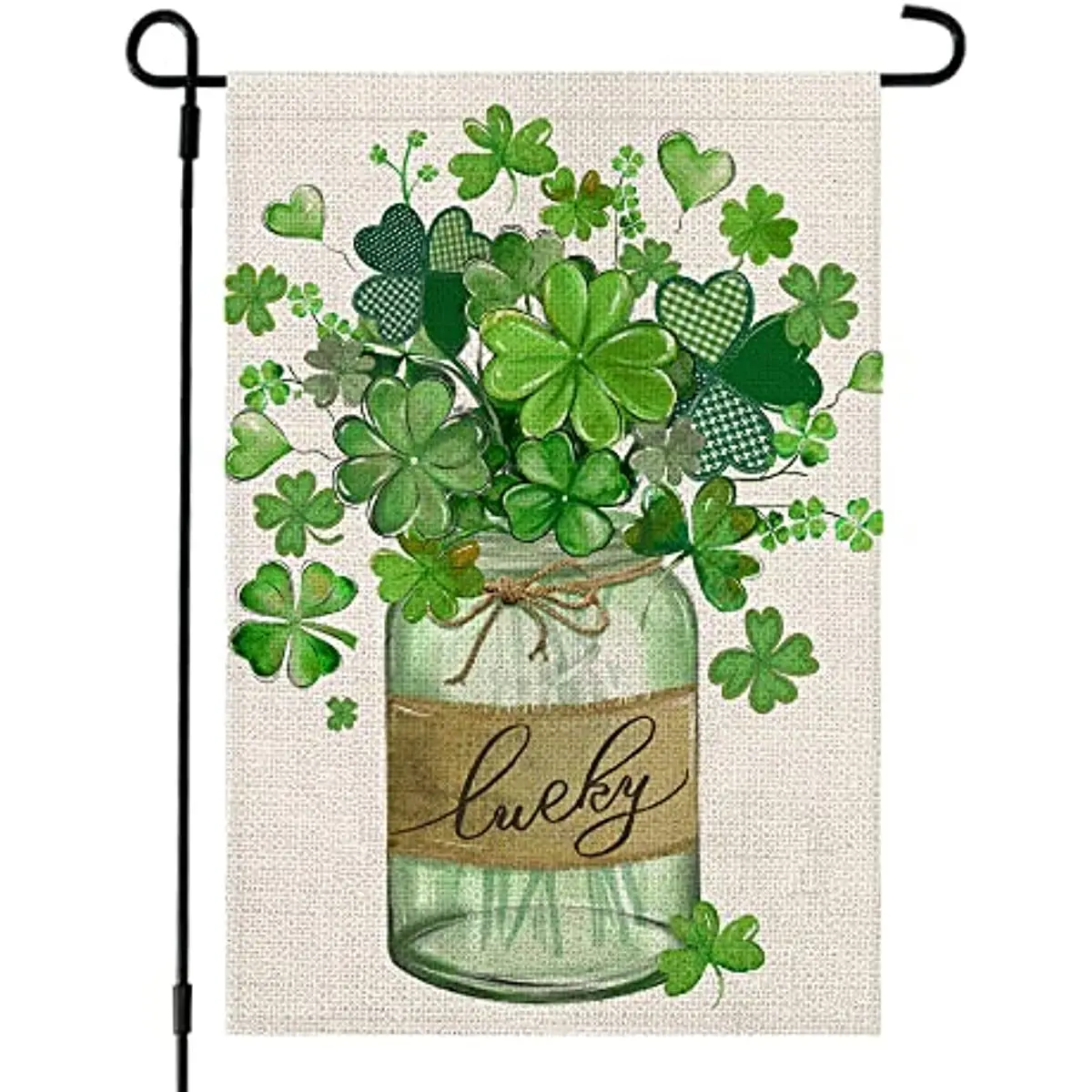 

Beauty St Patricks Day Garden Flag 12x18 Inch Double Sided for Outside Small Burlap Green Shamrocks Clovers Mason Jar Lucky