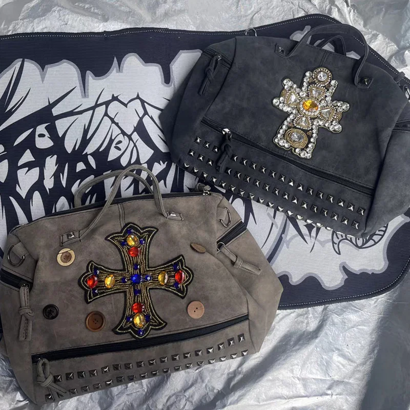 

High Quality Tote Bag High Capacity Canvas Vintage Rivet Boston Handbag For Women's Luxury Purse Classic Brand y2k Shoulder Bags