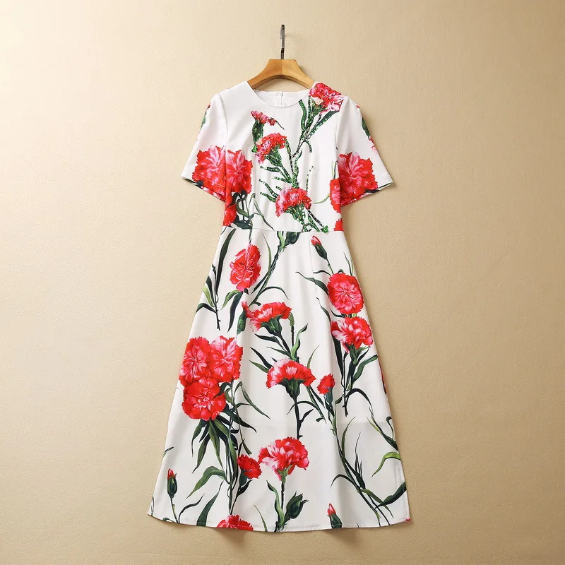 European and American women's clothes 2023 spring new Round neck Short-sleeved beaded carnation print Fashion Dress