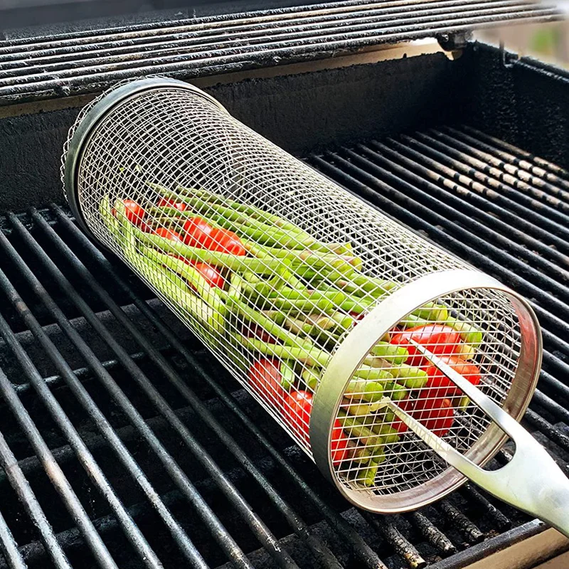 

Stainless Camping Grill Rack Rolling Basket Mesh Picnic Outdoor Leakproof Barbecue Simple Cylindrical Grilling Steel