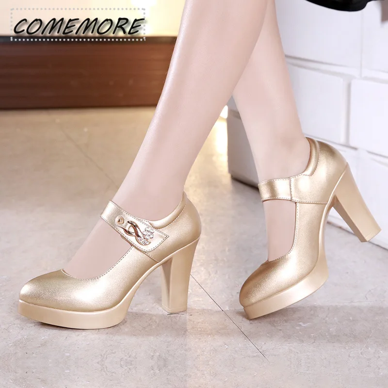 Туфли-лодочки женские на блочном каблуке золотистые/серебристые каблук 10 см