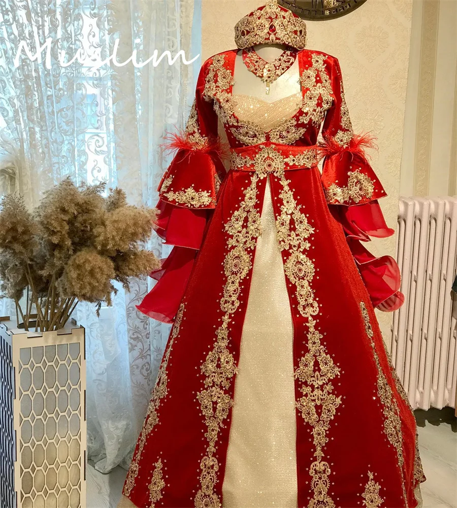 

Luxury Turkish Red Kaftan Wedding Dress 2023 Flare Sleeves Sparkle Sequin Moroccan Perian Muslim Bride Renaissance Medieval Gown
