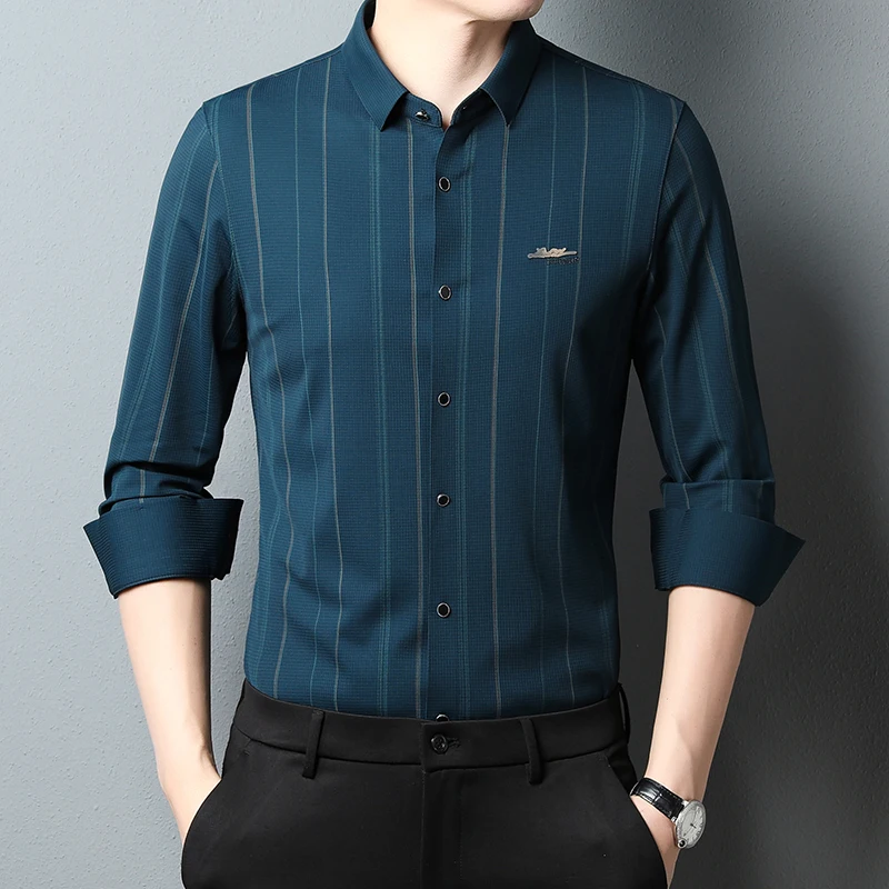 

Рубашка мужская в полоску, винтажная Повседневная сорочка с длинным рукавом, бесшовная, гладкая, удобная, шелковая, роскошная, весна