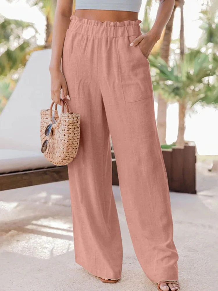 

Casual Cotton Linen Wide Legger Pants Summer Fashion Loose Solid Homewear Women Elegant Ruffled Elastic Waist Straight Trousers