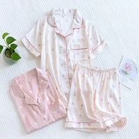 new summer womens pajamas short sleeved shorts two piece ice silk homewear thin section plus size loose ladies silk set sleep