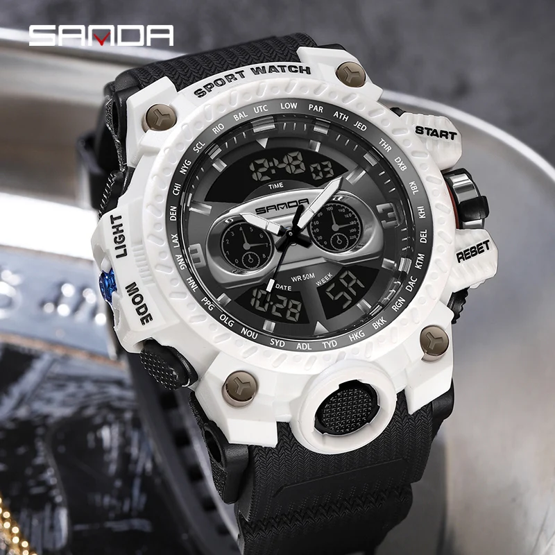 

SANDA Brand Outdoor Sport Mens Watch Digital-Analog Dual Display Quartz Waterproof Wristwatches for Male Clock G style Stopwatch