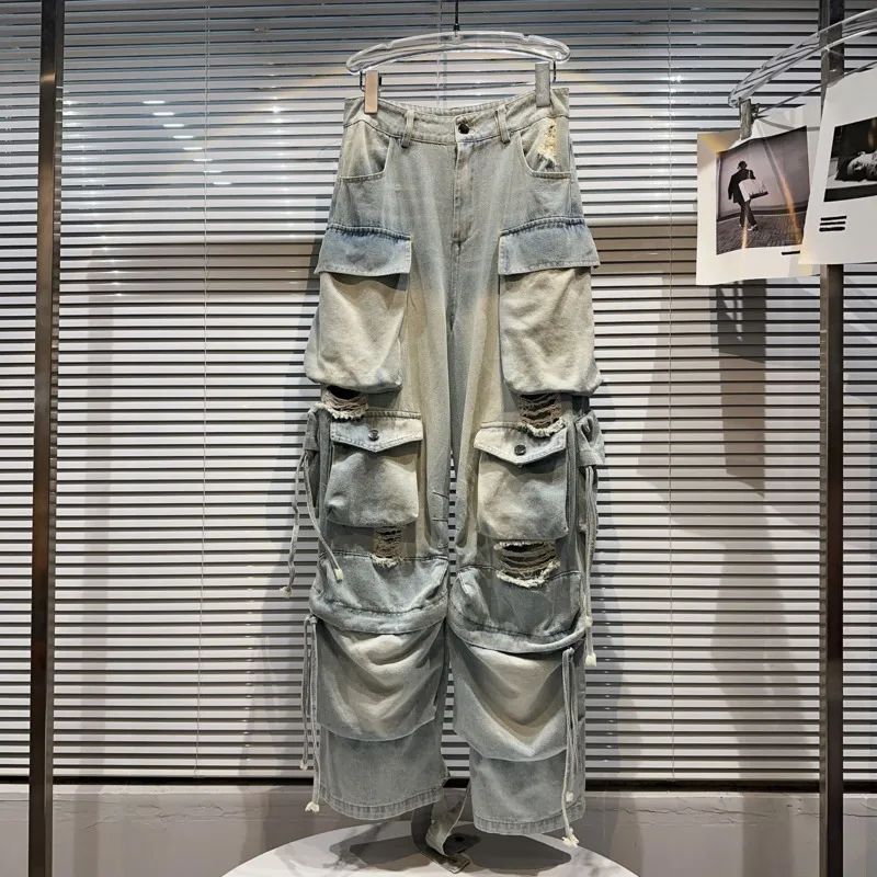 

PREPOMP Autumn New Collection Distressed Ripped Holes Multi Pockets Bandage Vintage Light Blue Denim Pants Women Jeans GL013