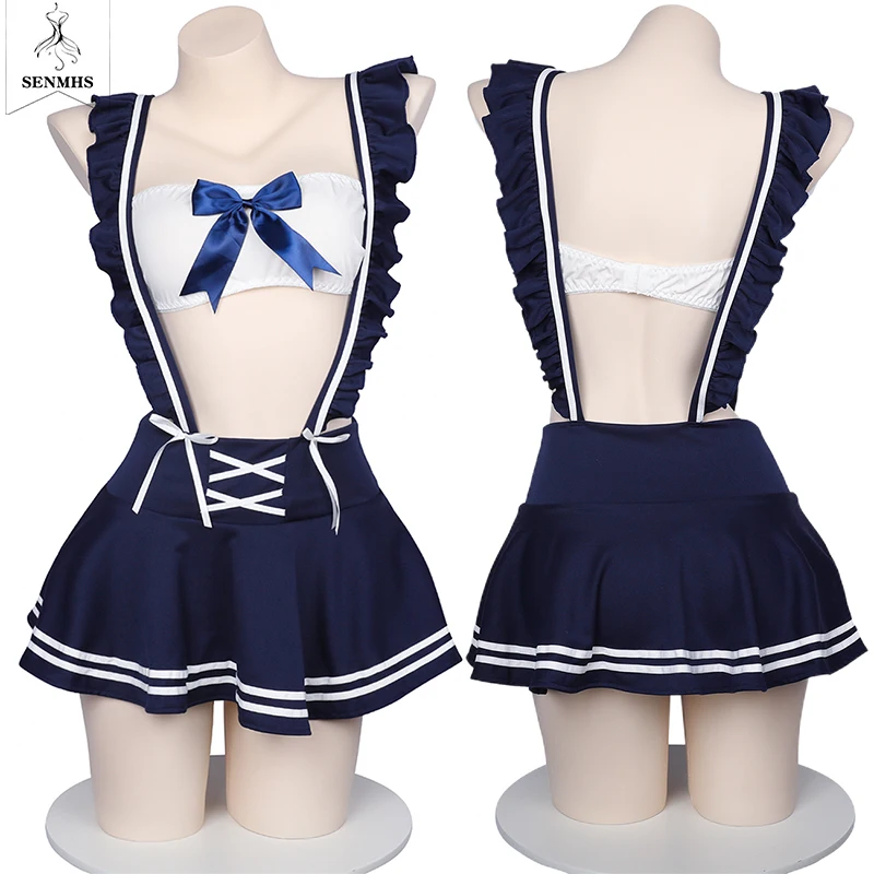 

SENMHS Sexy Schoolgirl Lingerie Cosplay Costumes With Mini Pleated Skirt Sailor Kawaii Sweet Bow Japanese JK Uniform Set