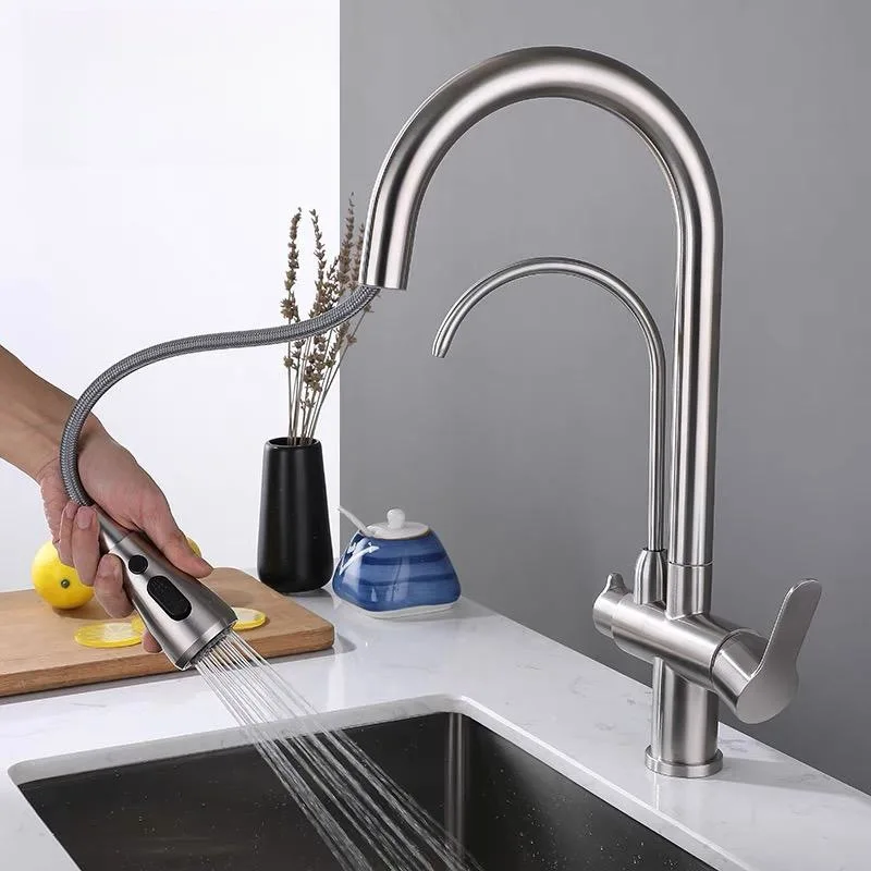 Выдвижной кухонный смеситель из нержавеющей стали 304 никель/черный двойная ручка