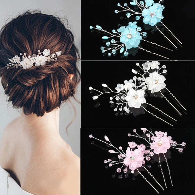 

2PCS Hairpin plate Braided Hair Handmade Flower Headdress Bridal Accessories Pearl Hair Fork Pin