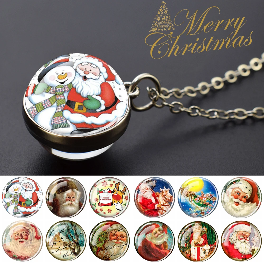 

Christmas Theme Necklaces Santa Claus 2CM Glass Ball Pendant Alloy Chains Double Sided Necklace for Women Christmas Jewelry Gift