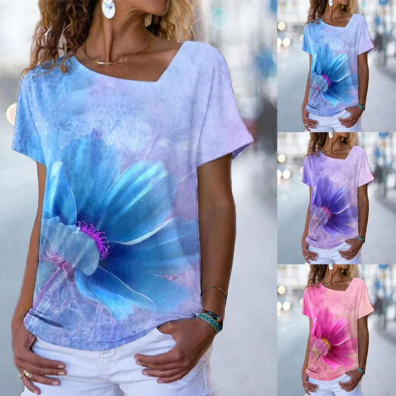 

2022 Summer Elegant Women's Floral Theme Painting T Shirt Floral Print V Neck Basic Tops Floral Theme Painting Casual Streetwear