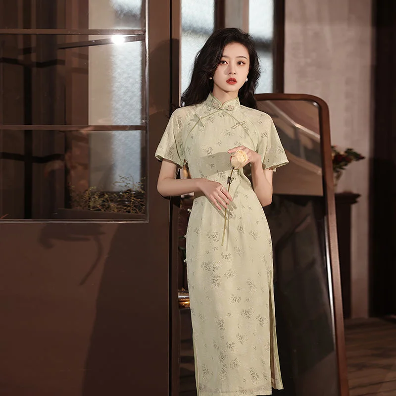 

Short Sleeve Slim Cheongsam Vintage Modern Chinese Traditional Dress Female Long Split Qipao S To 2XL Party Dresses