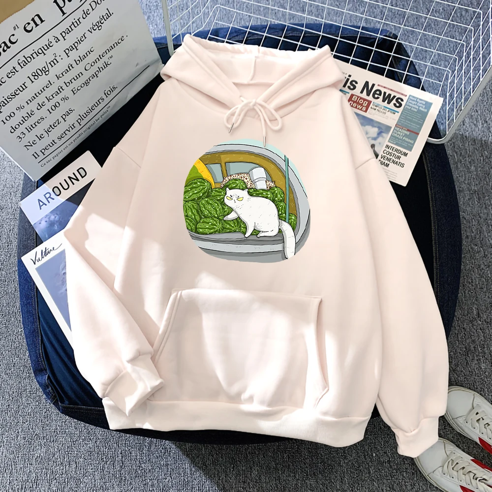 

The White Cat Touch Watermelon Women Hoodies Creative Cartoons Sweatshirt Fashion Fleece Warm Clothing Autumn O-Neck Womans Tops