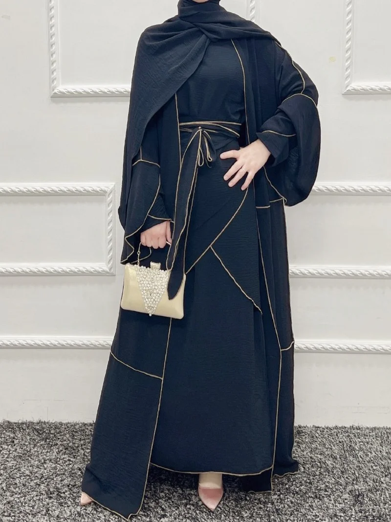 

3 Piece Crepe Matching Muslim Sets Abayas for Women Dubai Turkey Open Abaya Set Hijab Inner Dress with Wrap Skirt Islam Clothing
