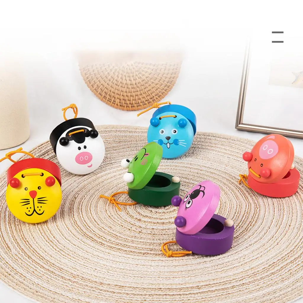 

6 Pcs Wooden Cartoon Animal Castanets, Early Education Musical Instruments Toys for Baby Children Kids