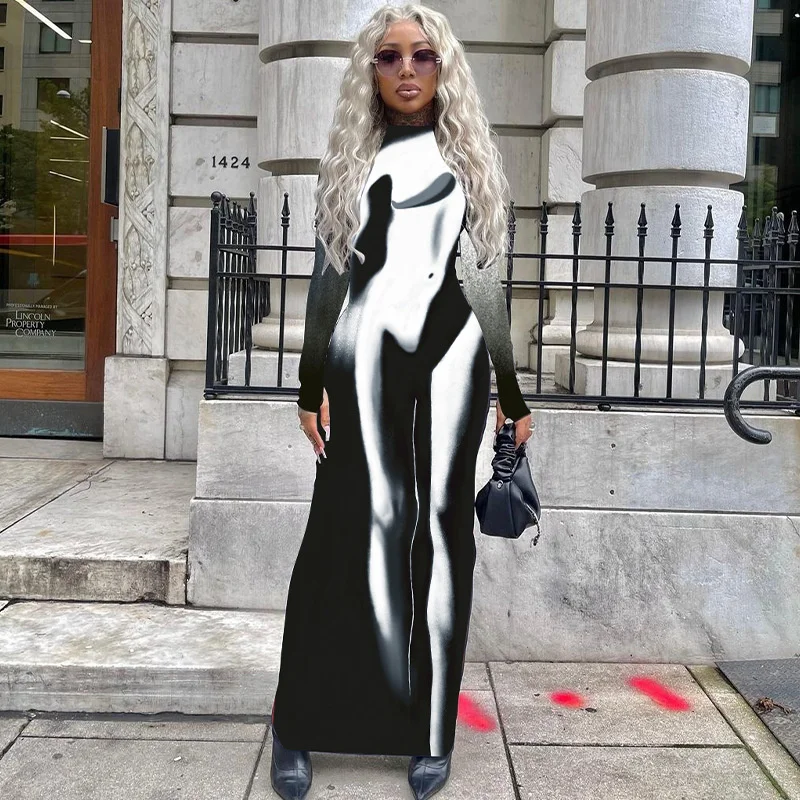 

Y2K White Black Maxi Dress Women Aesthetic Long Sleeve Sexy Body-Shaping Attirewear Robe Bazk Zipper Up Party Clubwear Clothing