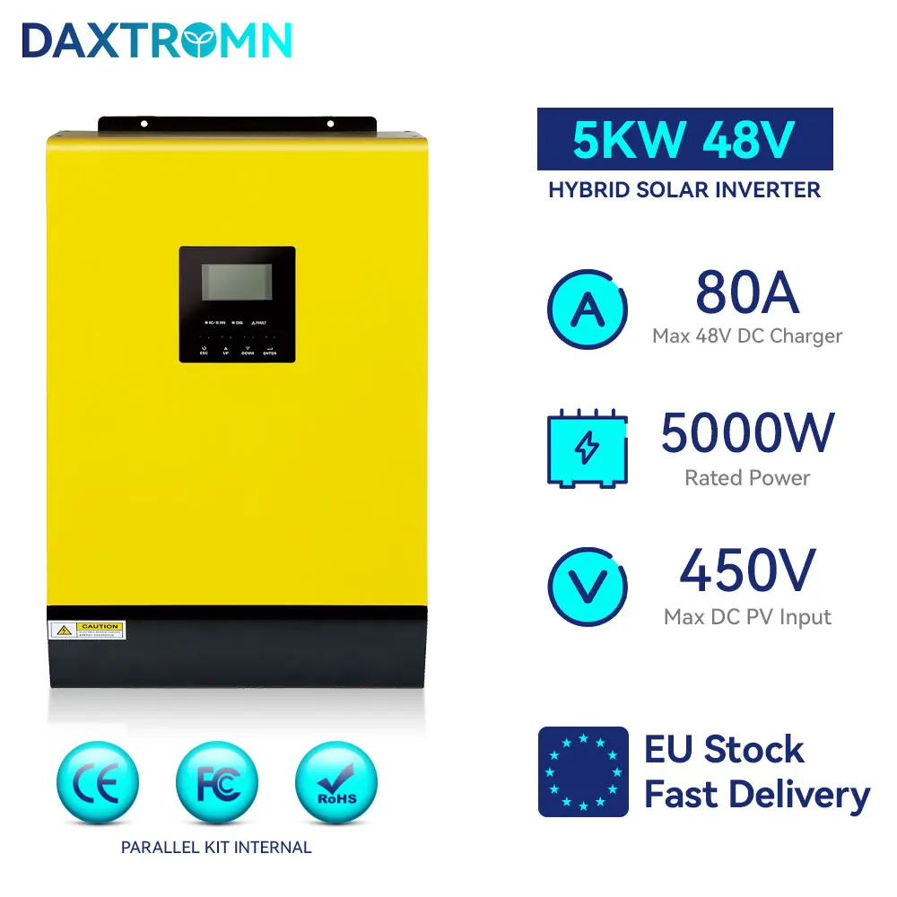 

5KW Hybrid Solar Inverter 48V 220V Pure Sine Inverter 80A MPPT Solar Charger PV 450VDC Grid Tie Inverter Built-in Parallel Kit