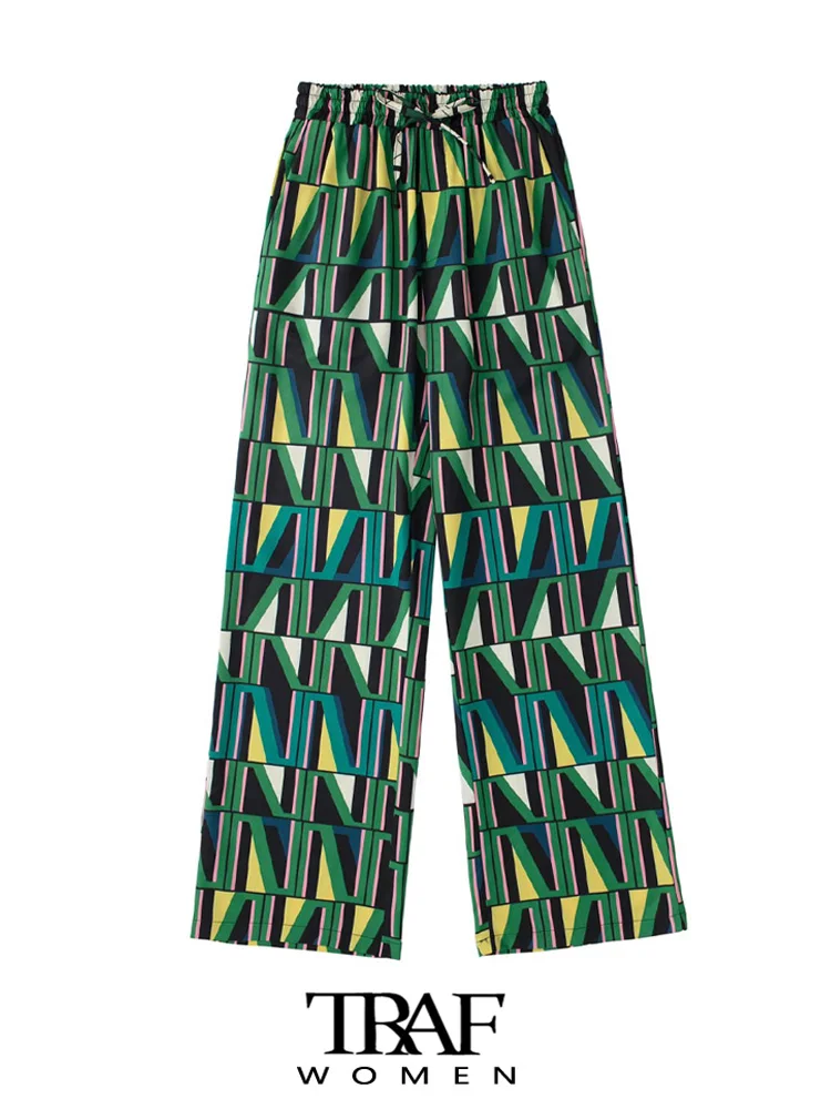 

TRAF Women Fashion Side Pockets Printed Wide Leg Pants Vintage High Elastic Waist With Drawstring Female Trousers Mujer