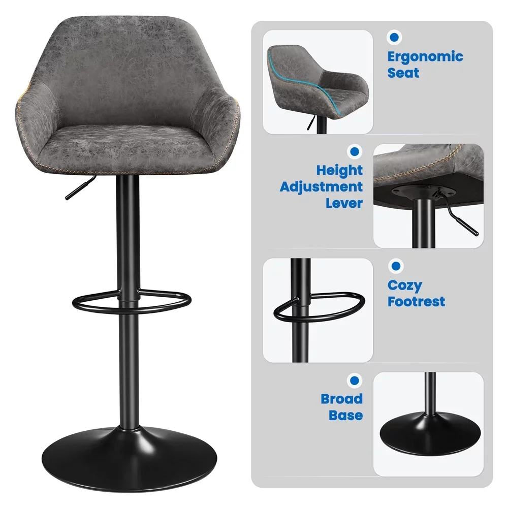 

2pcs Vintage Adjustable PU Leather Bar Stools with Backrest, Grey
