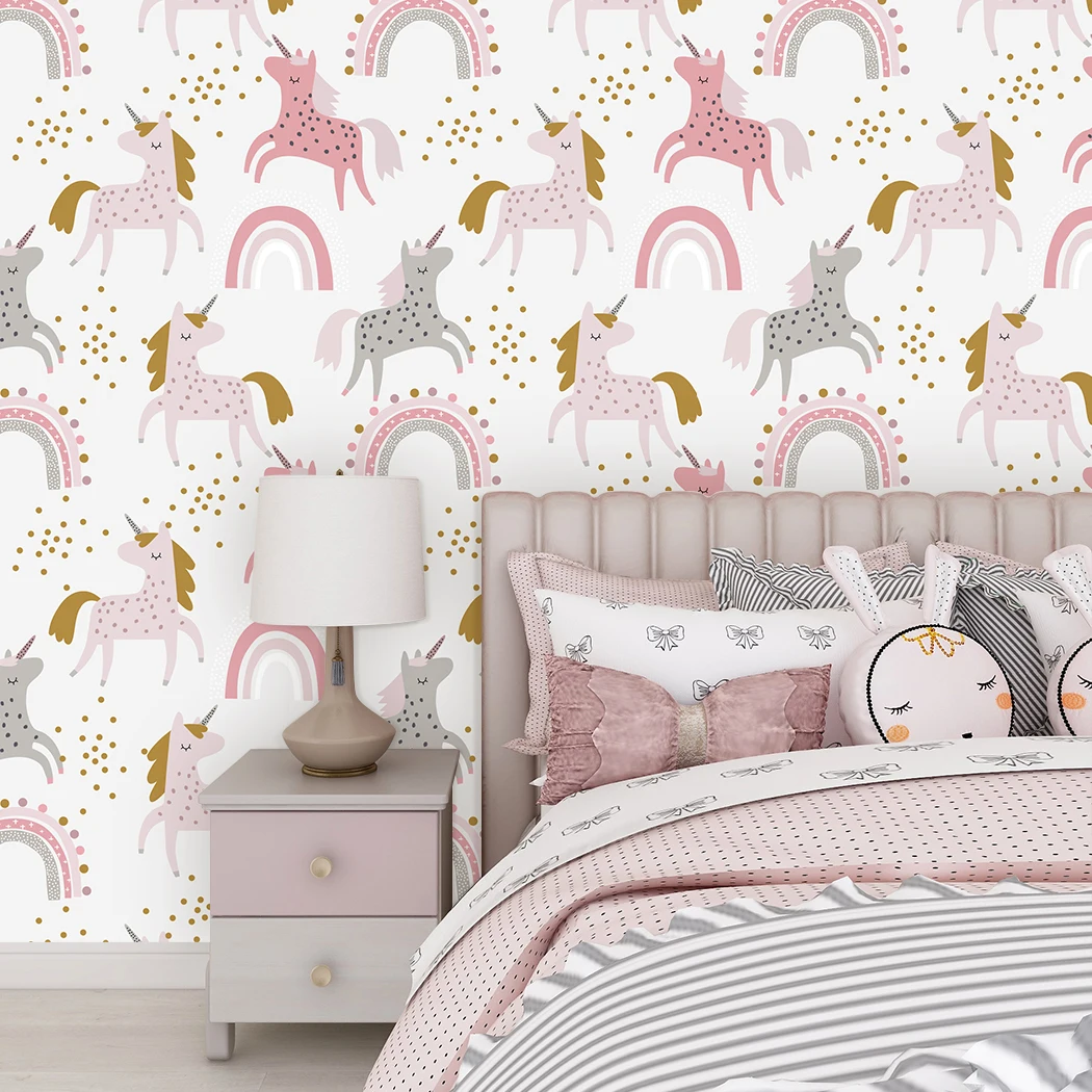 

Lovely Cartoon Wallpaper Cute Unicorn Rainbow Pink Self-Adhesive Wall Stickers for Baby Kids Girl Room Home Decor Easy To Paste