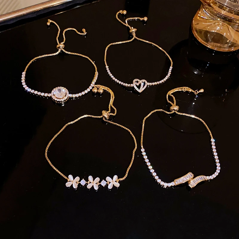 

Luxury Shiny Rhinestone Adjustable Women's Bracelet 2023 New Fashion Flower Heart Wedding Birthday Bracelet Jewelry Gift