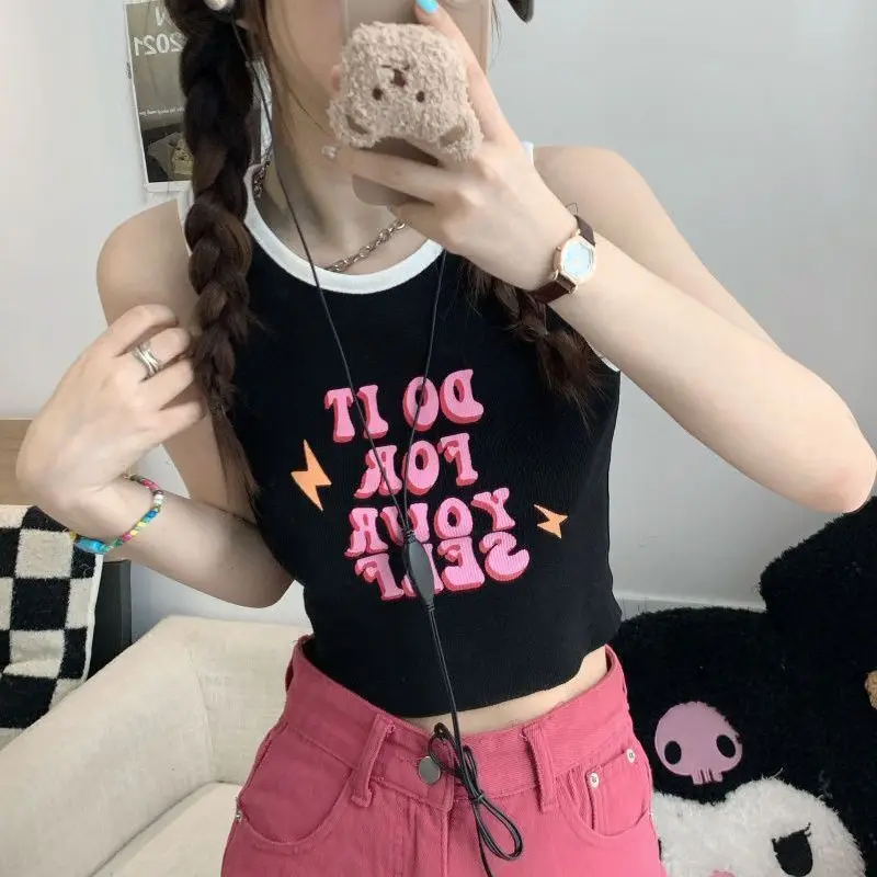 

Dopamine Happy Girls Bare Midriff Streetwear Sweet Spicy Short Tee Summer HK Y2K Slim Blue and Pink Clashing Colors Tshirt